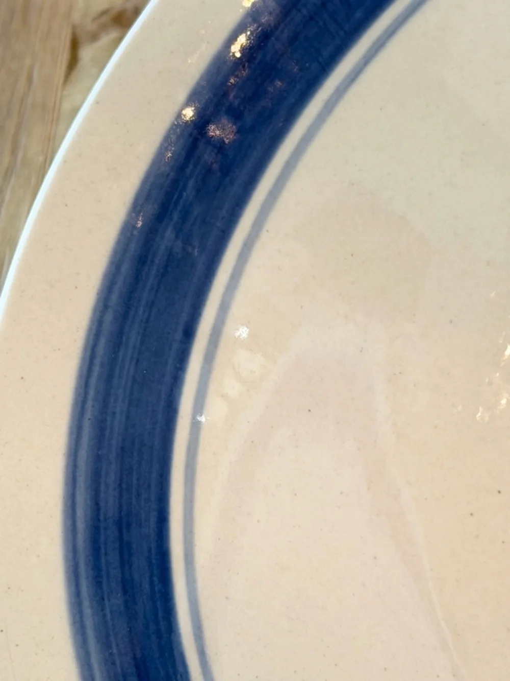 Vintage Double Blue Band Ceramic Serving Bowl. Speckled | Classic | 9” Ivory